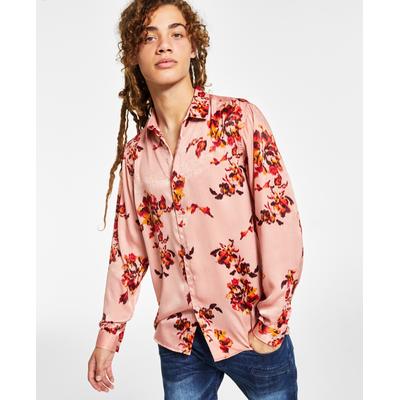 INC International Concepts Mens Satin Floral Buttondown Shirt Pink Large