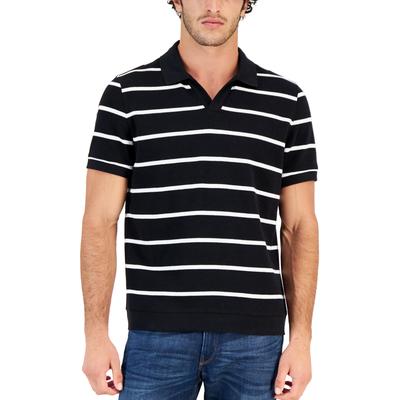 Club Room Mens Johnny Collar Stripe Polo Shirt Deep Black Size Medium