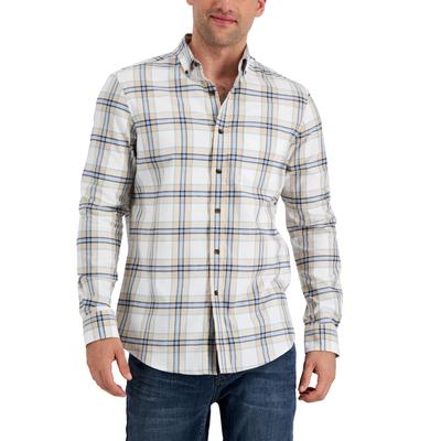 Club Room Men's Brushed Plaid Shirt Beige Khaki XL
