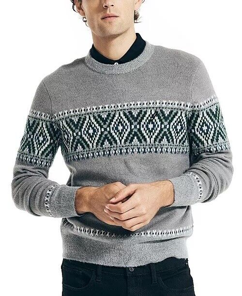 Nautica Men's Classic-Fit Crewneck Fair Isle Sweater Sharkfin Grey XL
