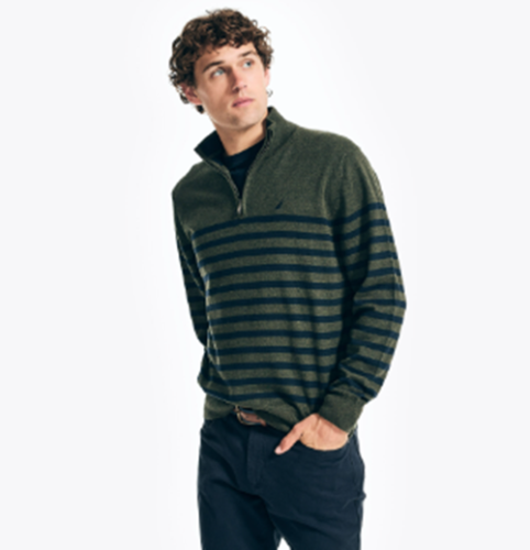 Nautica Men's Navtech Performance Striped Sweater Forest Heather Green Large