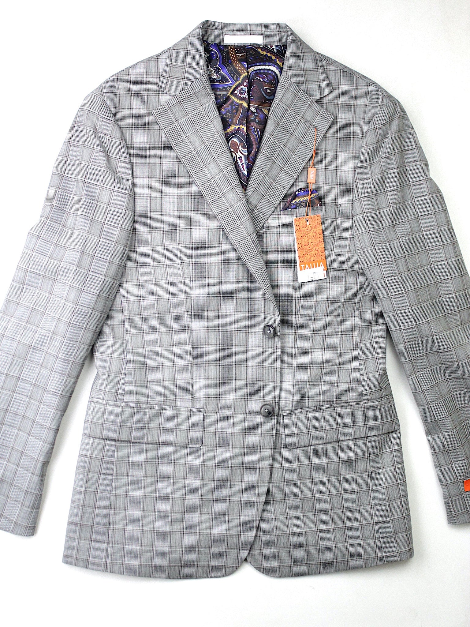 Tallia Mens Slim Fit Wool Sport Coat Blazer Grey Plaid 44S