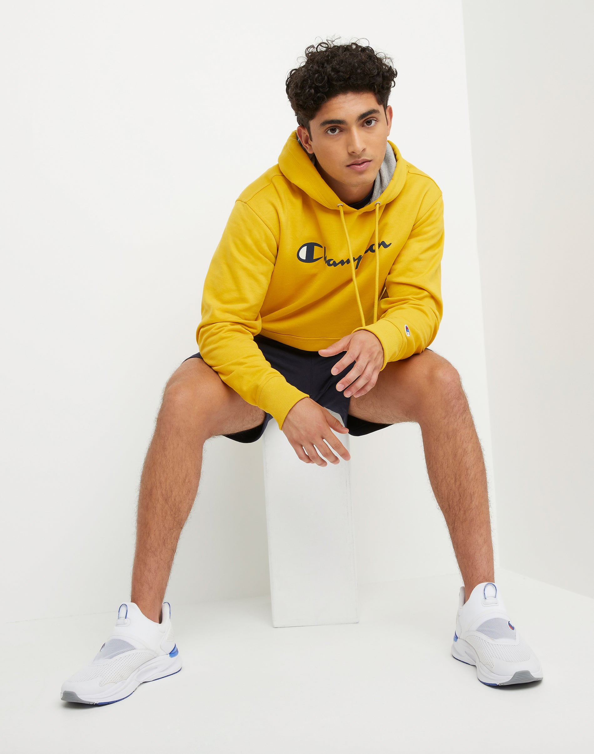 Champion Men's Powerblend Fleece Graphic Hoodie Sweatshirt Yellow Small