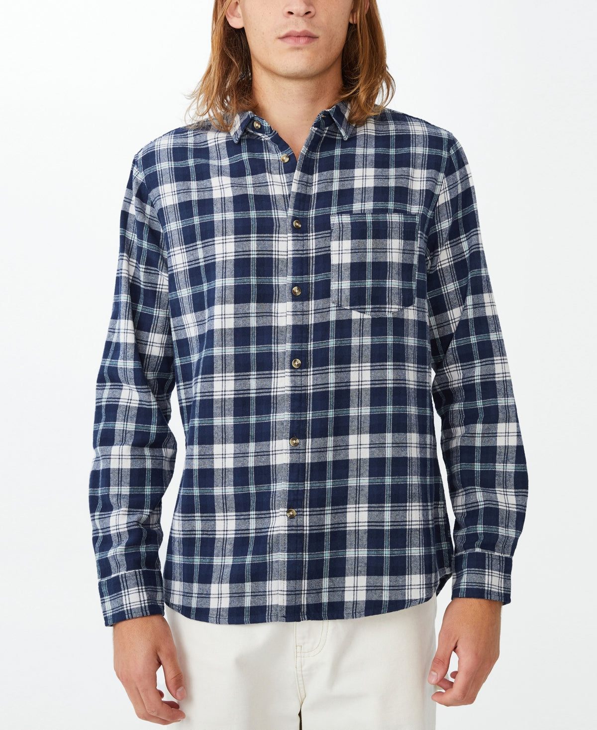 Cotton On Mens Button Down Shirt Blue Grid Medium