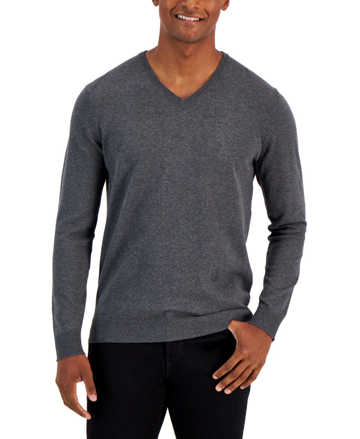 Alfani Men's Solid V-neck Sweater Charcoal Heather Xl