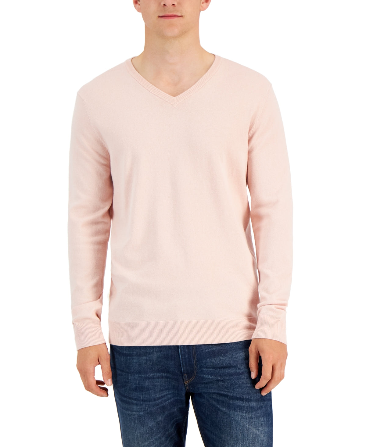 Alfani Mens Solid V-Neck Cotton Sweater Polished Peach XL