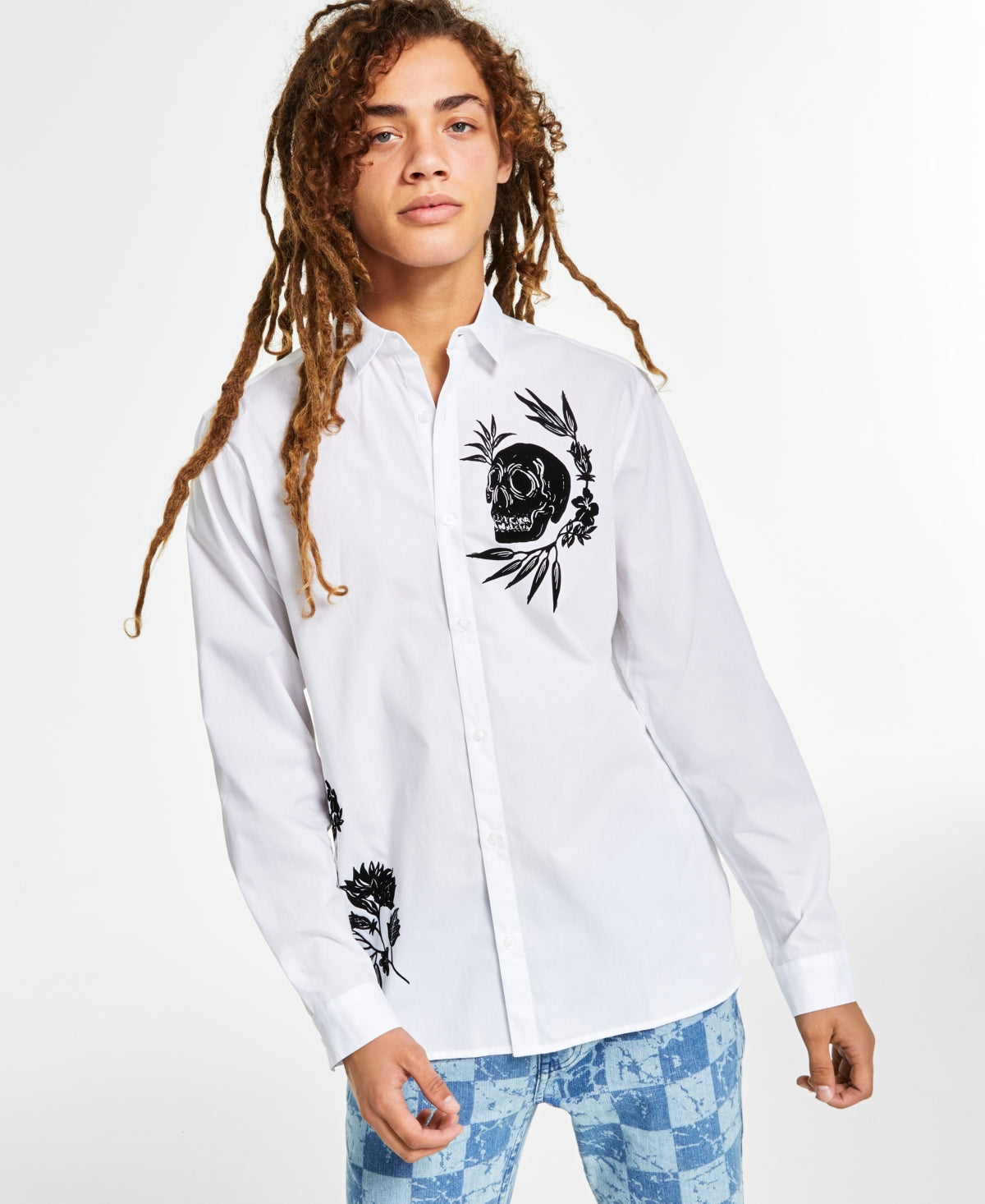 International Concepts Floral Skull Mens Flocked Shirt White Large