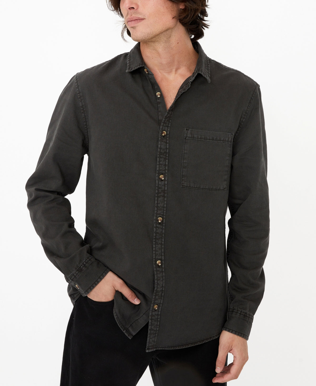 COTTON ON Mens Camden Long Sleeve Button Down Shirt Black Twill XL