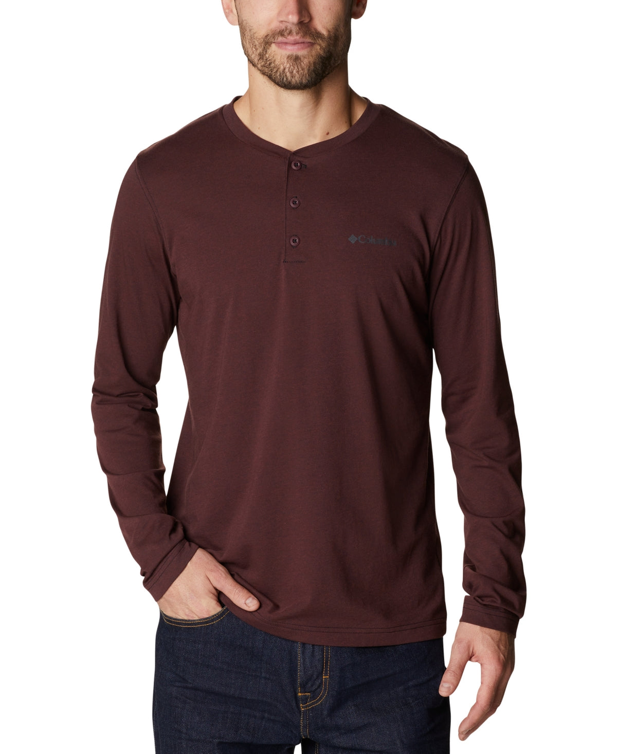 Columbia Mens Thistletown Hills Logo Henley Long Sleeve T Shirt Elderberry Black Small