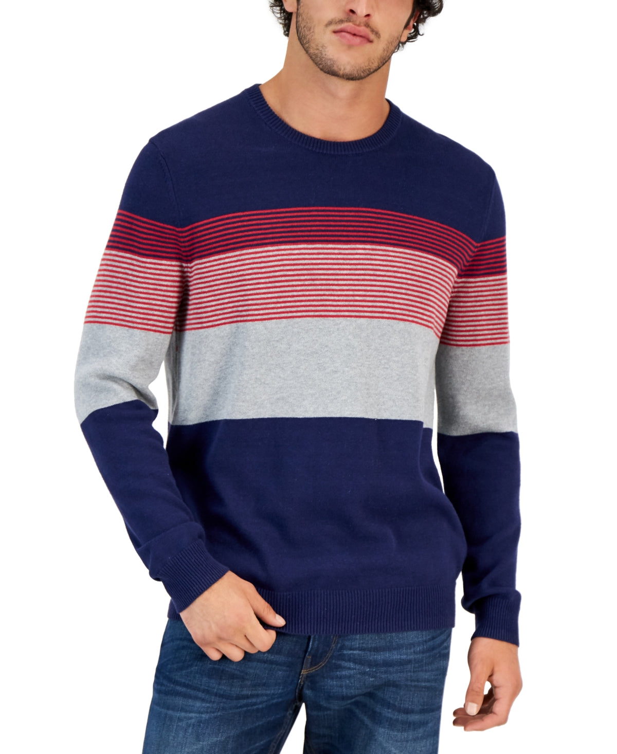 Club Room Men's Striped Cotton Crewneck Sweater Navy Blue Red XL