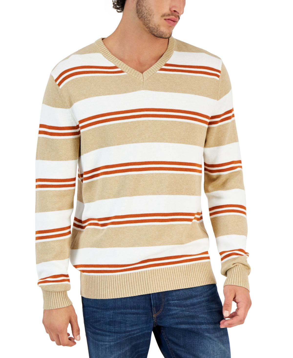 Club Room Men's Striped V-neck Sweater  Winter Ivory Medium