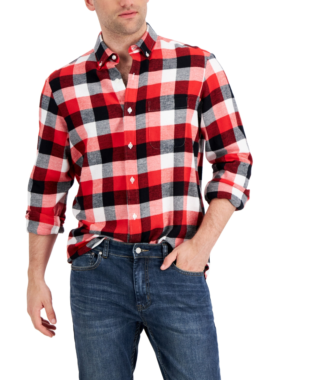 Club Room Mens Flannel Cotton Button Down Shirt Red White Small