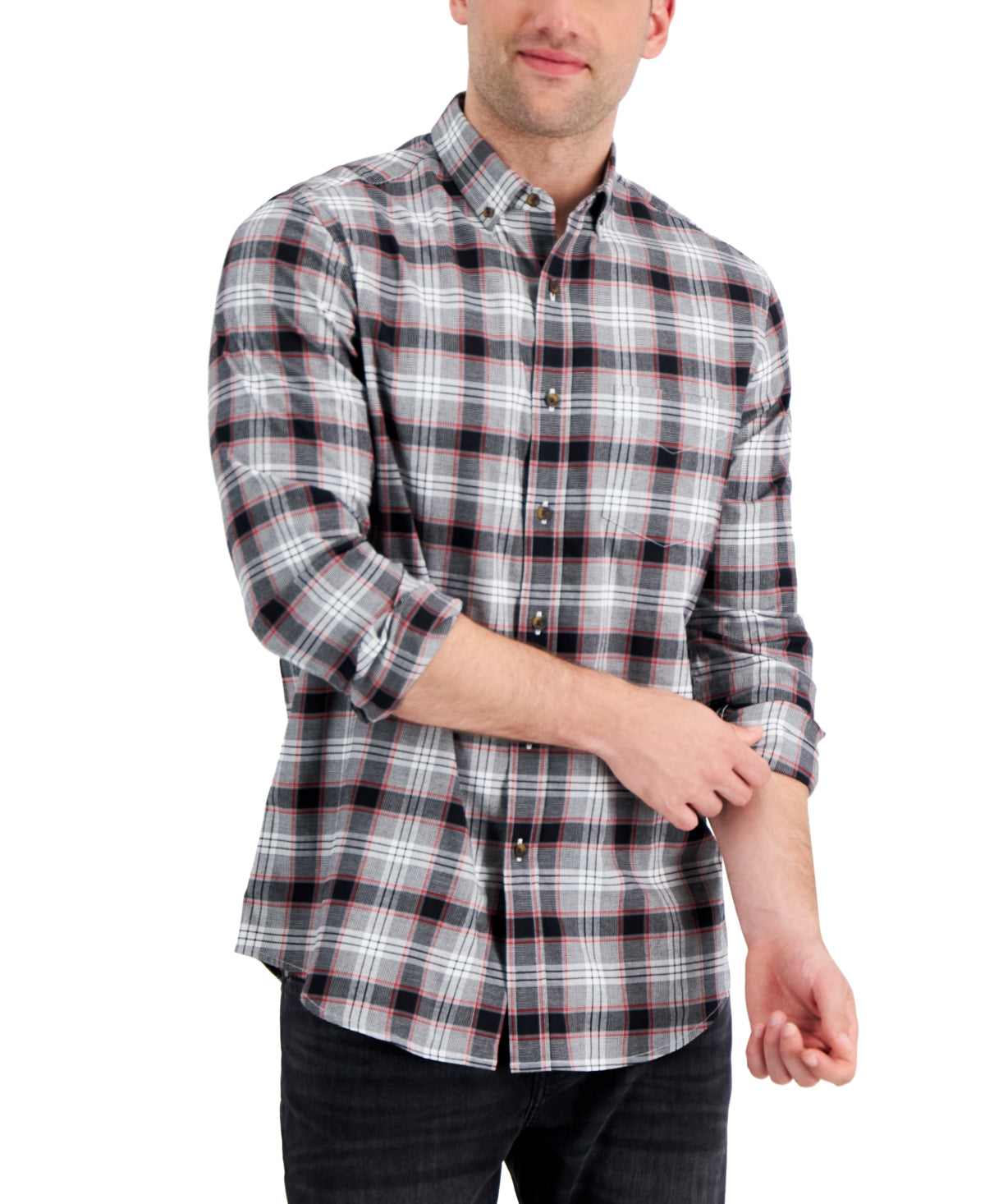 Club Room Men's Regular Fit Brushed Plaid Button Down Shirt Black Red XXL