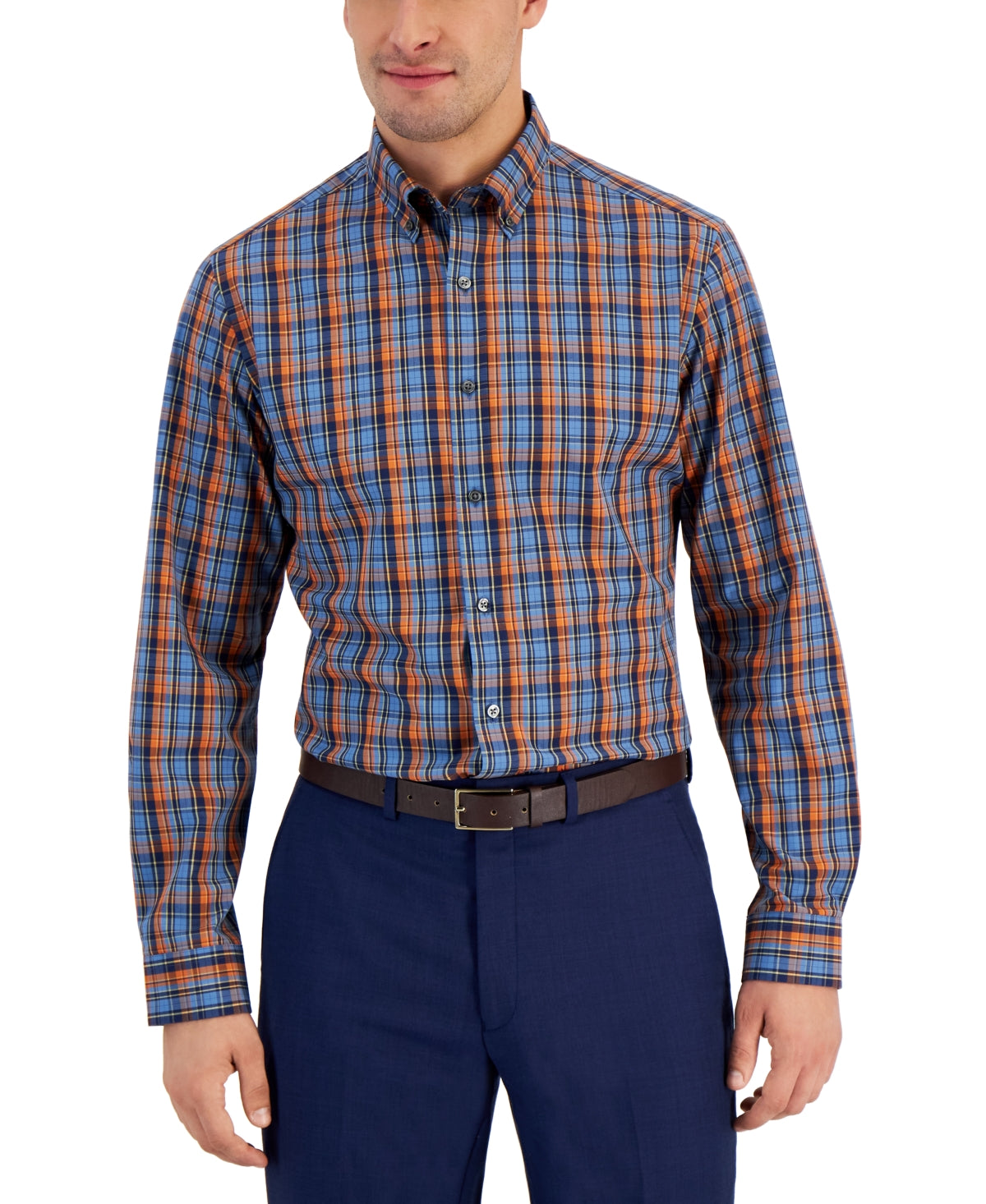 Club Room Mens Slim-Fit Performance Stretch Button Down Shirt Blue Orange Small