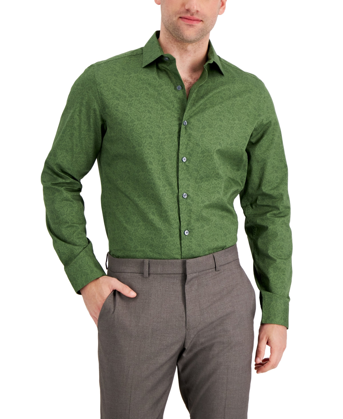 Bar Iii Men's Slim Fit Stretch Floral Print Dress Shirt Green 15 15 5