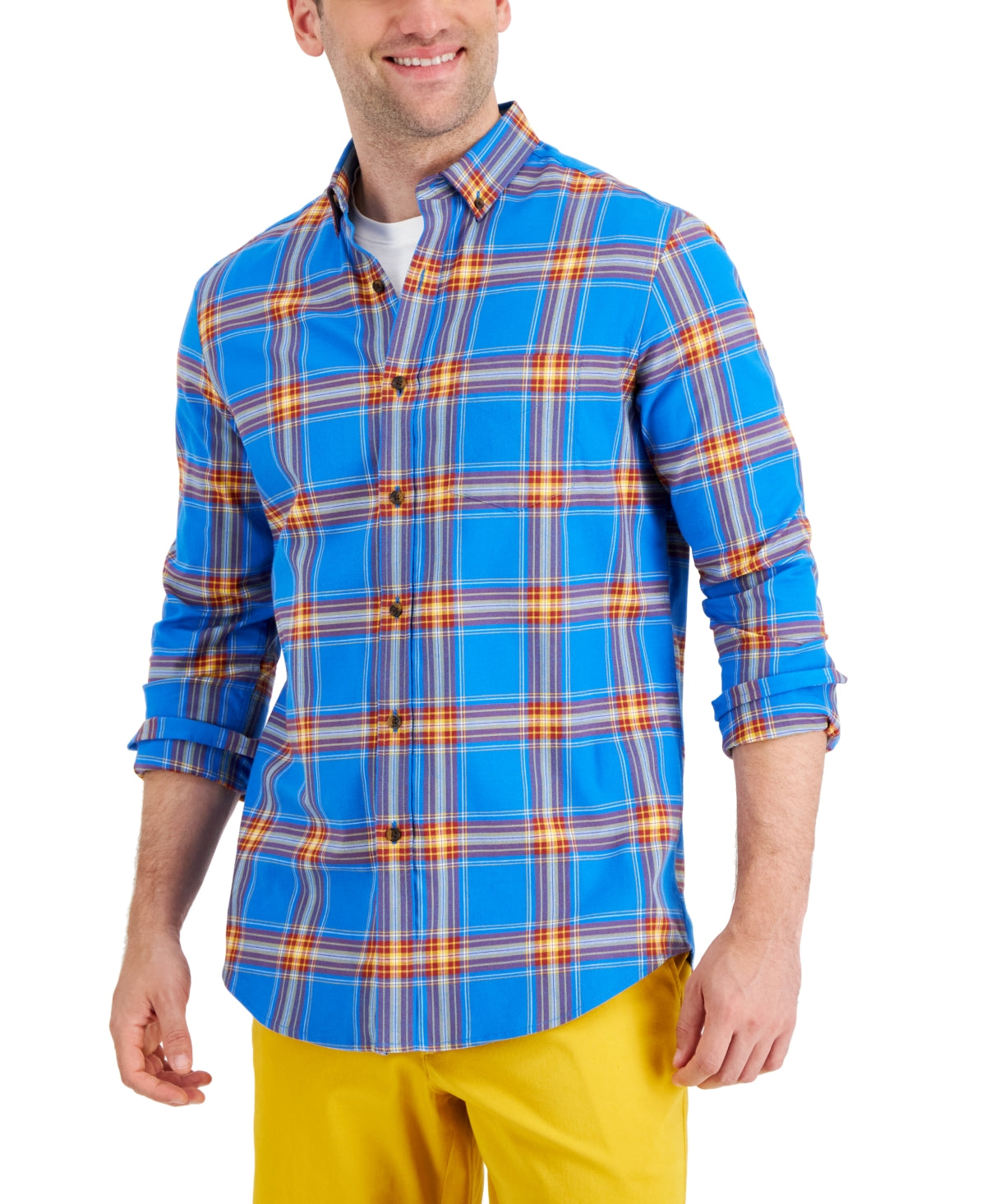 Club Room Men's Regular fit Brushed Plaid Shirt   Sapphire Xl