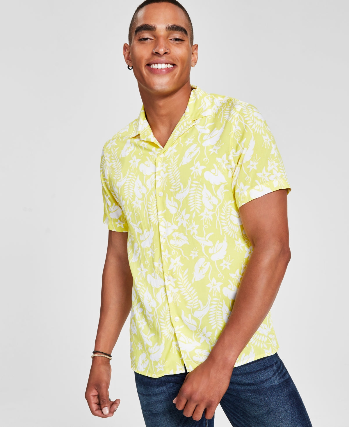 INC International Concepts Mens Floral Button down Shirt Green Small