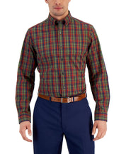 Club Room Mens Slim-Fit Button Down Plaid Shirt Olive Red Large