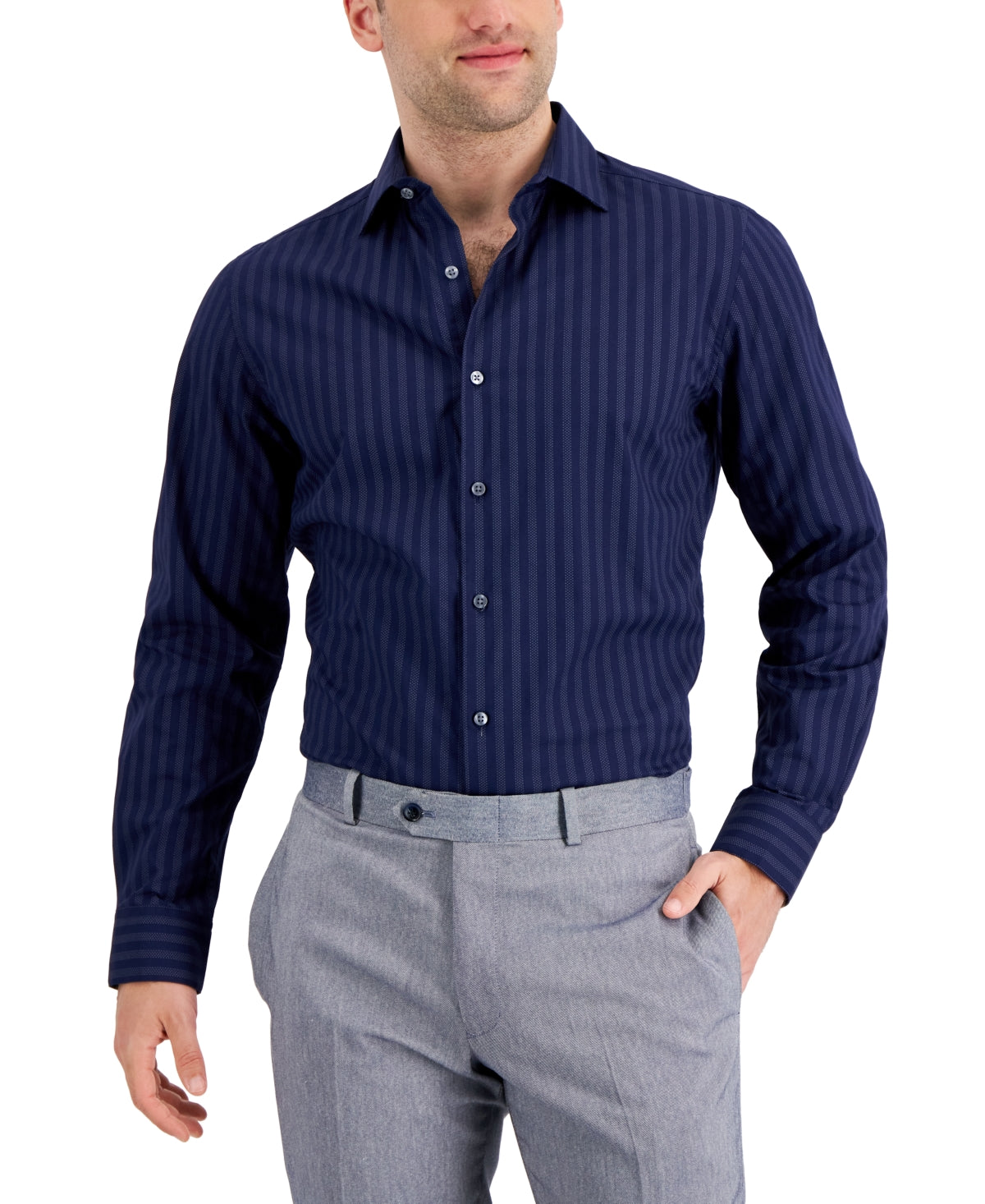 Bar Iii Men's Slim Fit Performance Stretch Dotted Stripe Dress Shirt Navy Medium