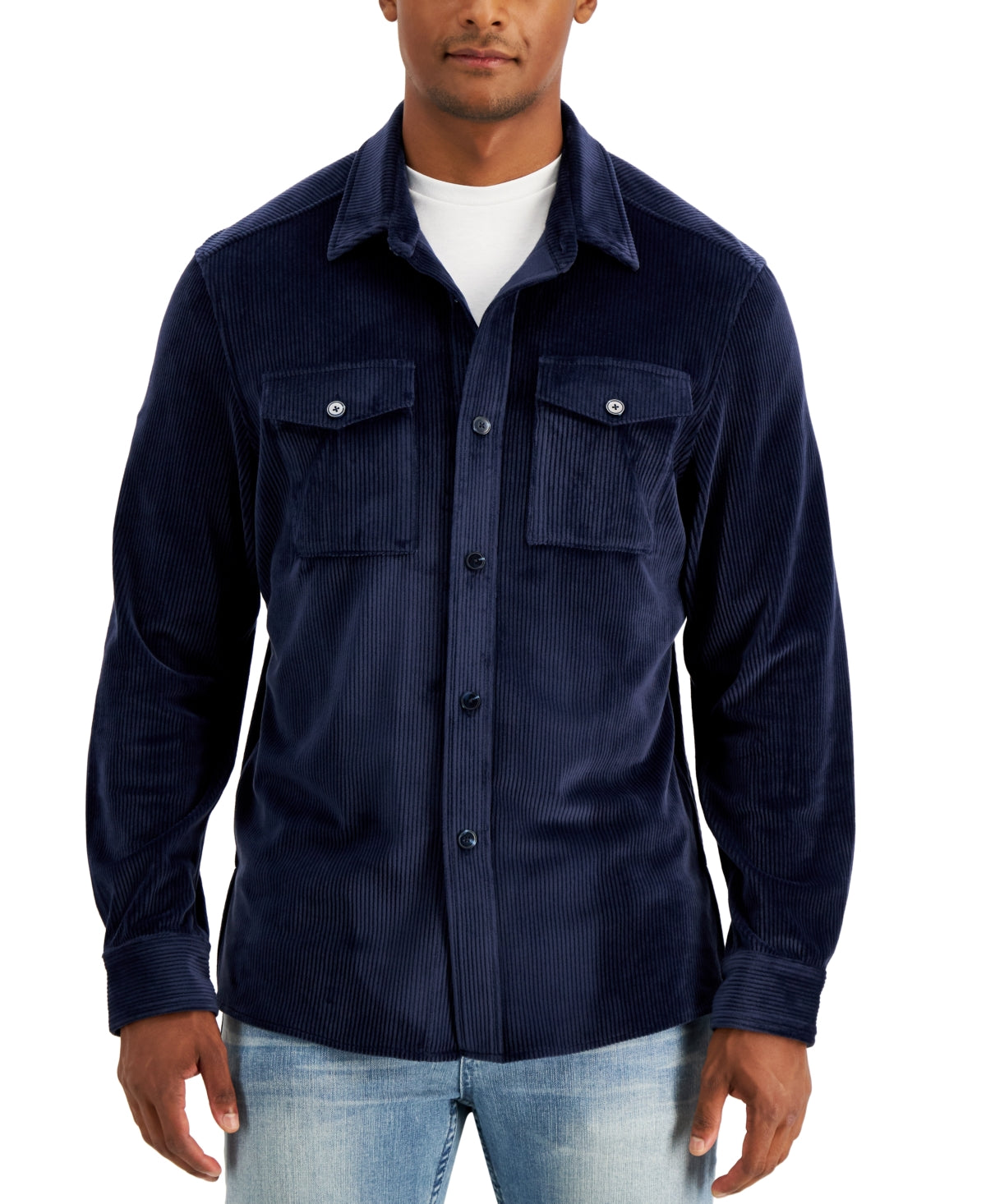 Alfani Mens Regular Fit Corduroy Button Down Shirt Navy Blue XL