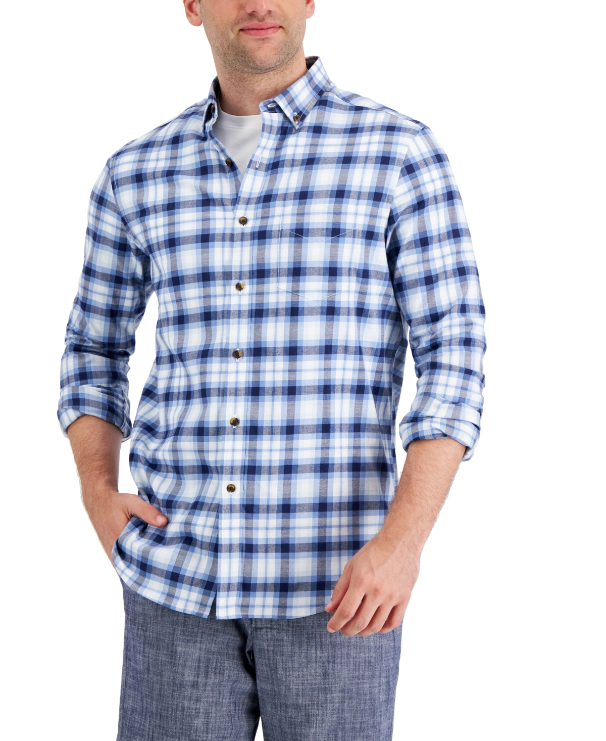 Club Room Men's Regular-Fit Brushed Plaid Button Down Shirt Blue XL