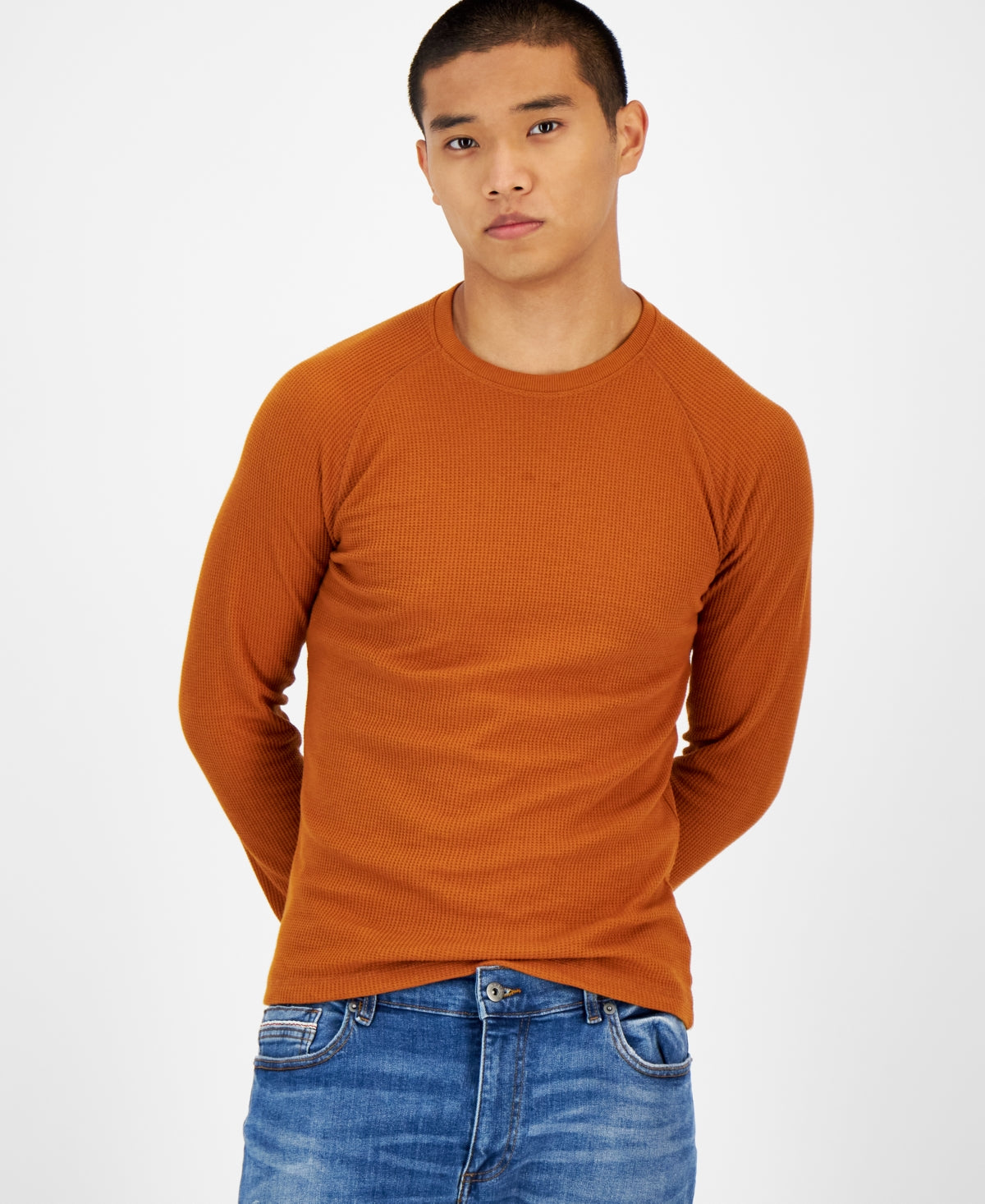 Sun + Stone Men's Thermal Waffle Knit Long Sleeve Shirt Caramel Brown XL