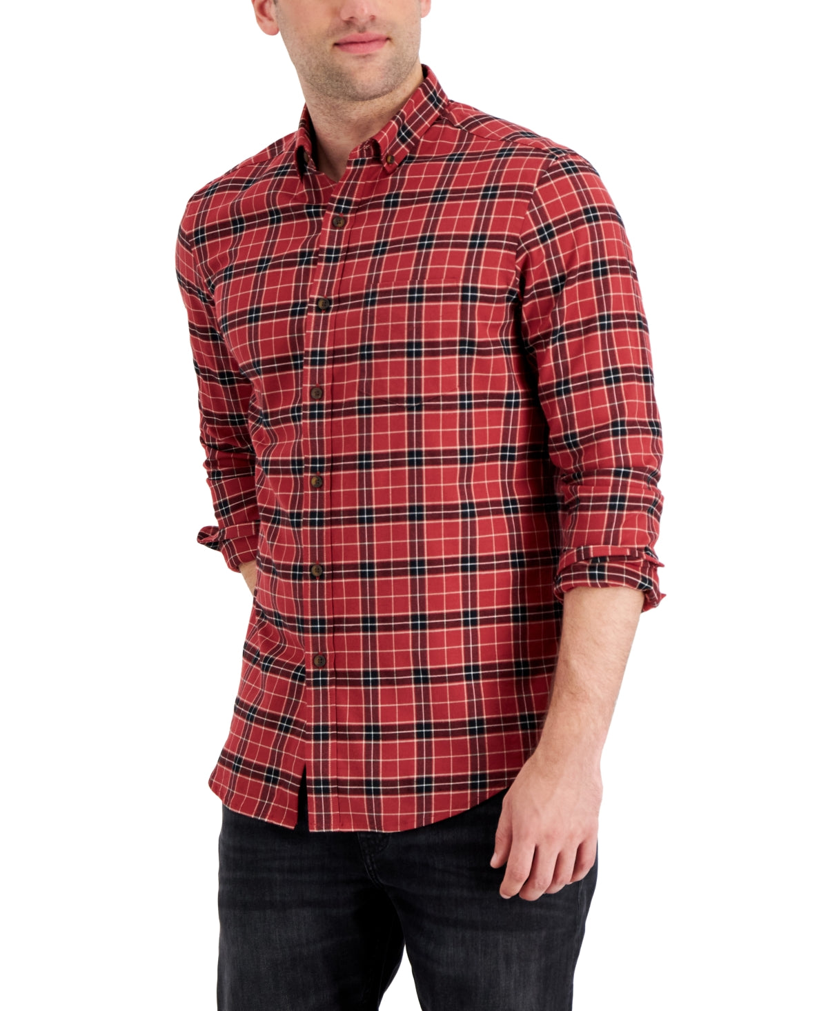 Club Room Men's Regular fit Brushed Plaid Shirt Red 2XL