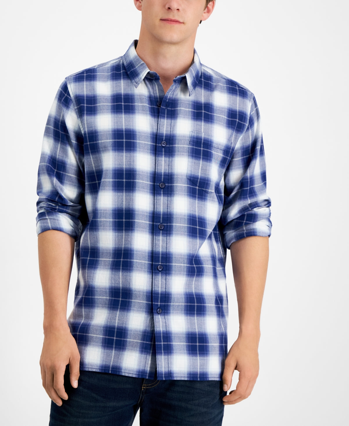 Sun + Stone Men's Will Plaid Button Down Shirt Pompador Blue XL