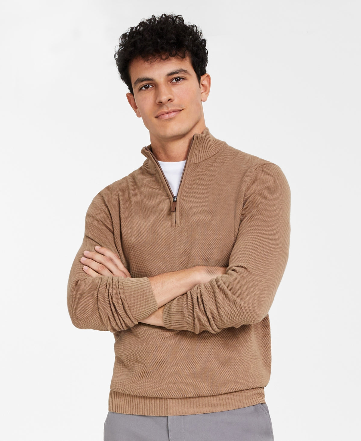 Men's Cotton 1/4 Zip Pullover Sweater Club Room  Beige Small