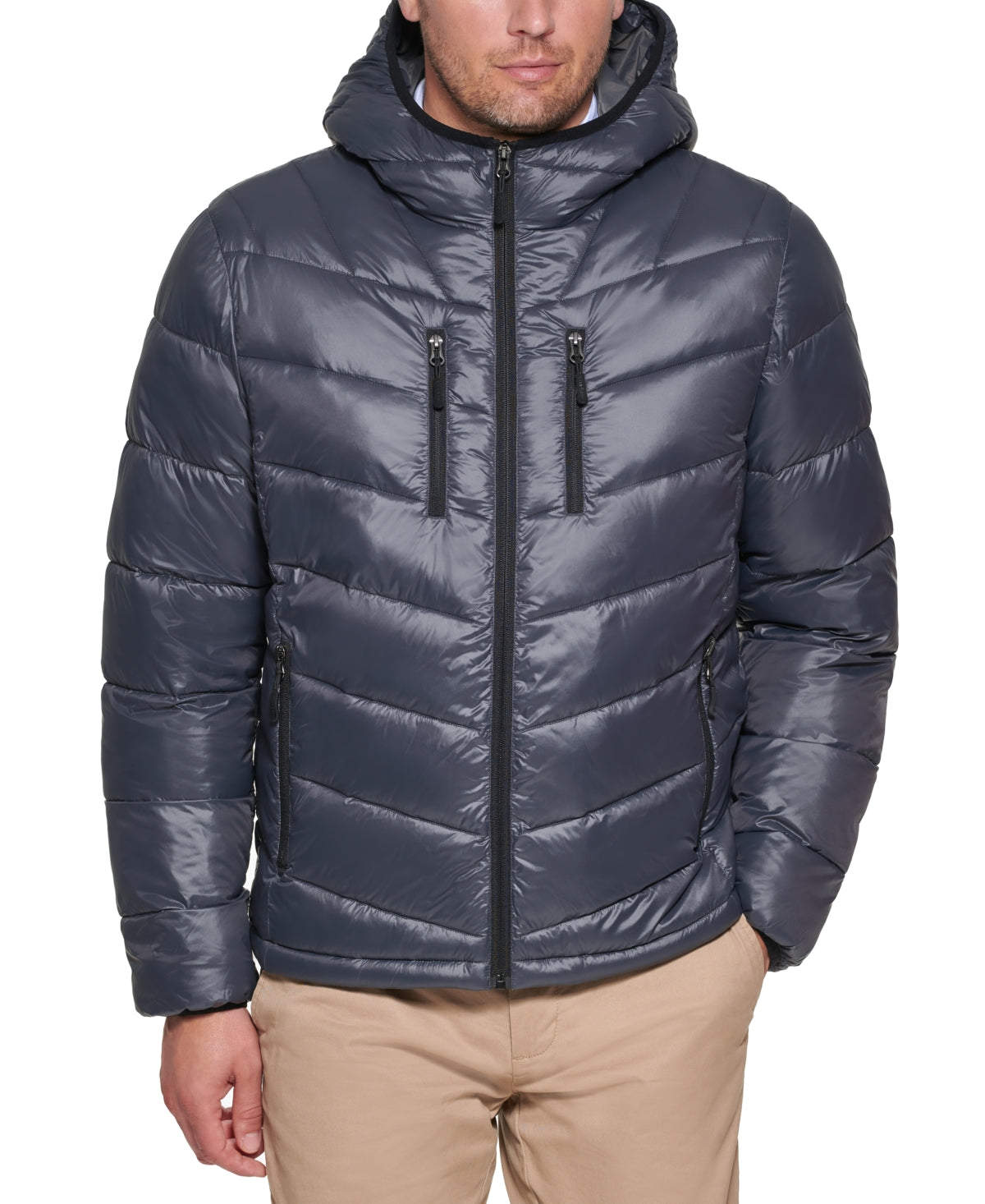 Club Room Mens Puffer Jacket Coat Medium Grey Hooded Solid