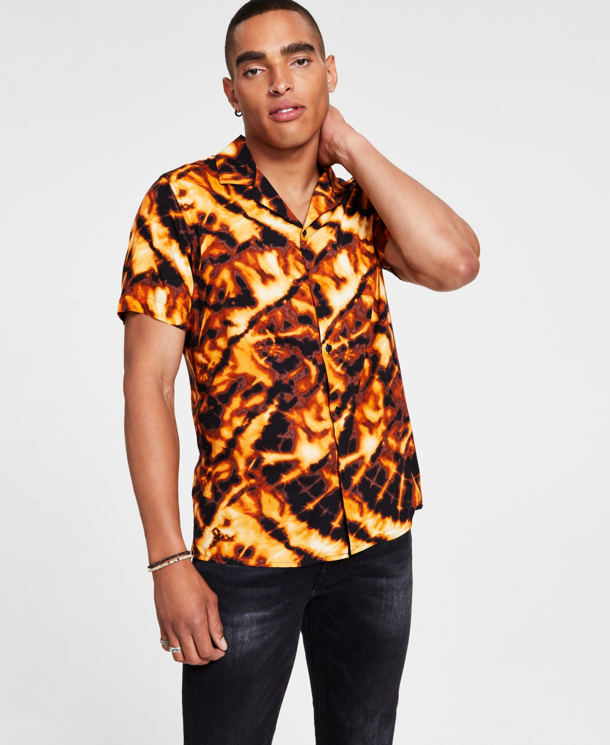 INC International Concepts Mens Tie dyed Camp Shirt  Black Medium
