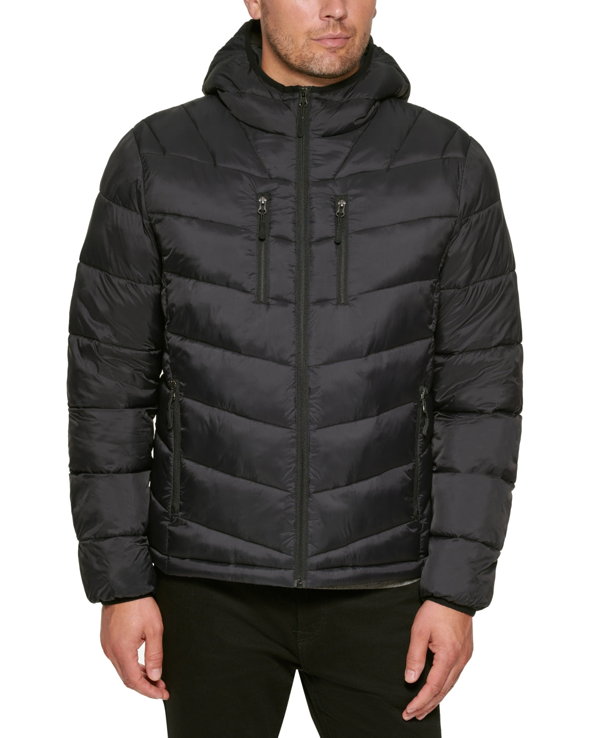 Club Room Mens Quilted Coat XL Black Hooded Solid