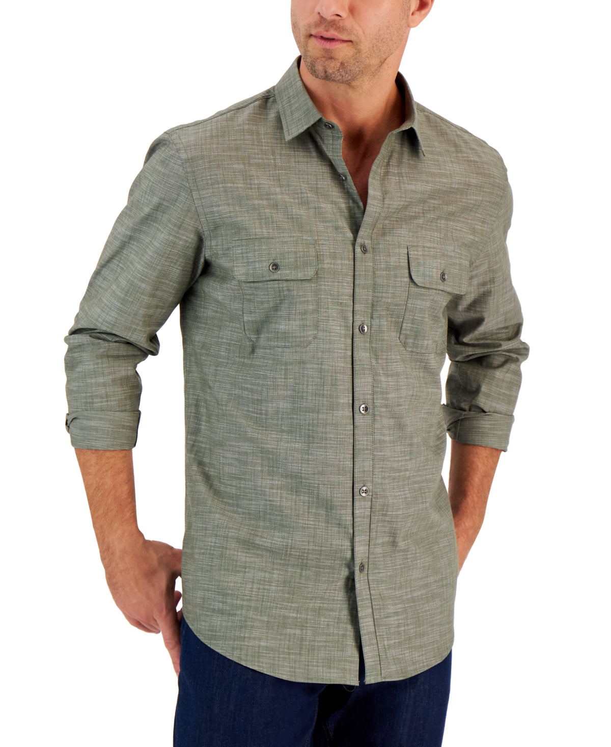 Alfani Men's Regular Fit Solid Button Down Shirt Green XXL