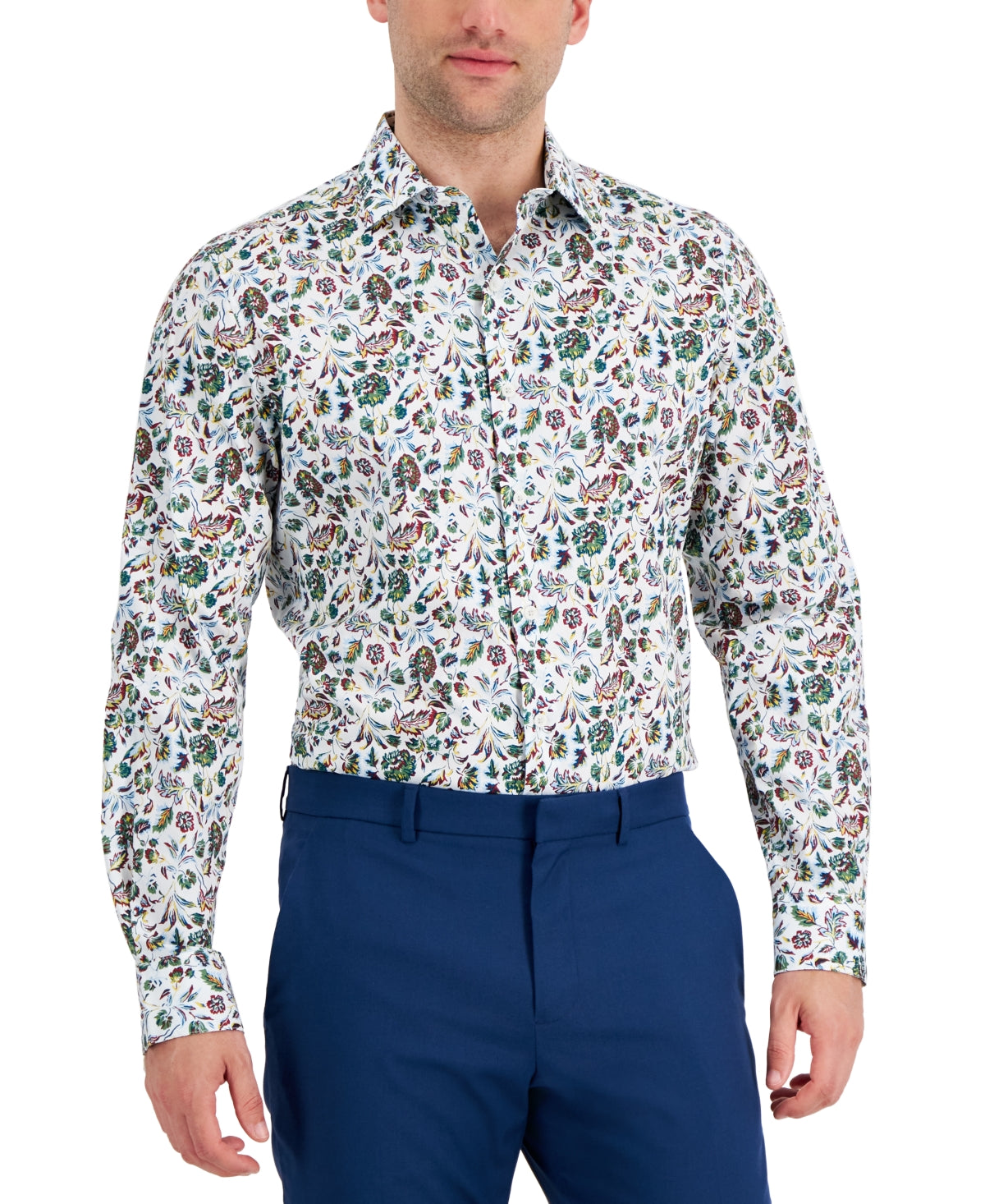 Bar III Mens Slim Fit Performance Stretch Button Down Shirt White Multi  Small