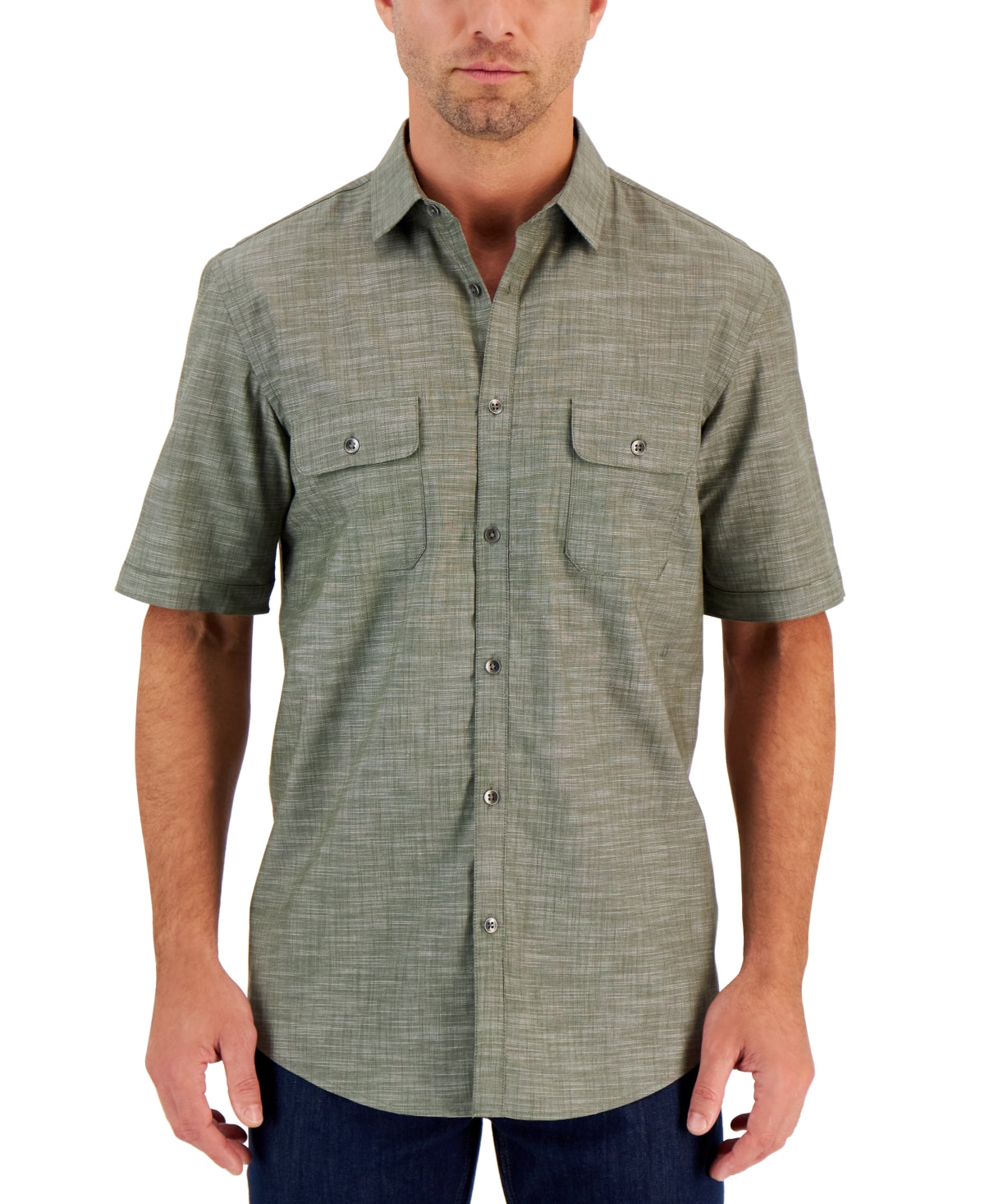 Alfani Men's Warren Short Sleeve Button Down Shirt Costa Green Small