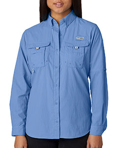 Columbia Women Regular fit Long Sleeve Button-Up Shirt 1X Blue Solid
