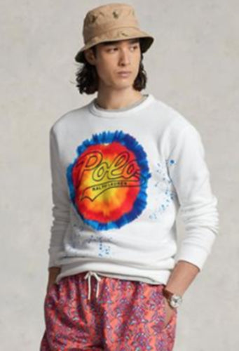 Polo Ralph Lauren Mens Logo Tie-Dye Print Crewneck Sweatshirt White Large