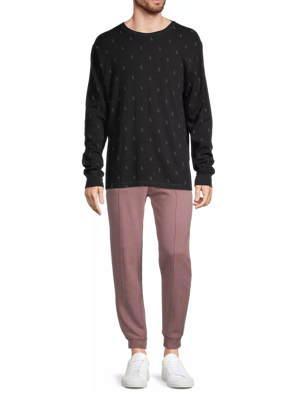 Polo Ralph Lauren Mens Waffle Knit Pajama Long Polo Shirt Black Grey Medium