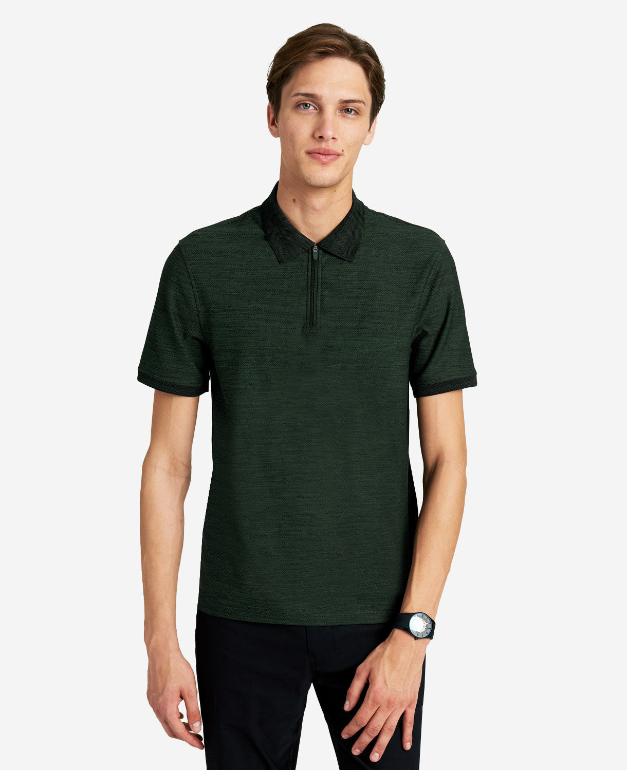 Kenneth Cole Mens Dark Green Heather Performance Knit Zip Polo Shirt Green Large