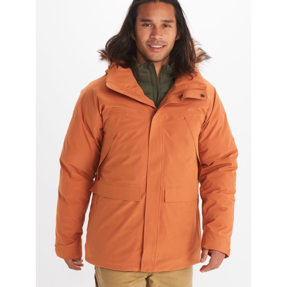 MARMOT Men's Yukon II Down Parka Coat Copper Orange Faux Fur Trim XL