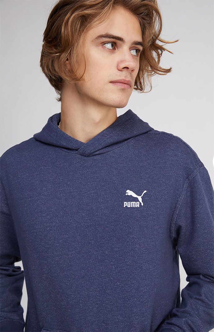 Puma Men's Denim Fleece Adjustable Drawstring Hoodie Sweatshirt Large BlueIndigo