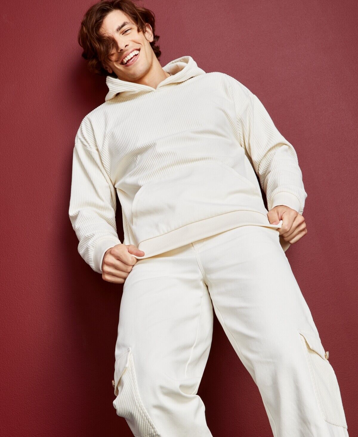 Royalty by Maluma Mens Relaxed-Fit Mixed-Media Hoodie Ivory Large