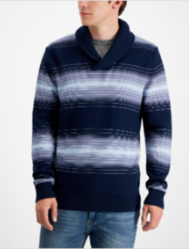 Sun + Stone Mens Shawl Collar Striped Navy Blue Sweater Large