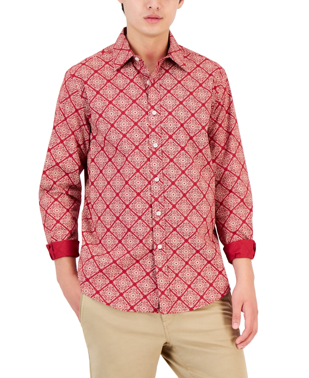 Club Room Mens Mono Medal Button Down Shirt Red Small