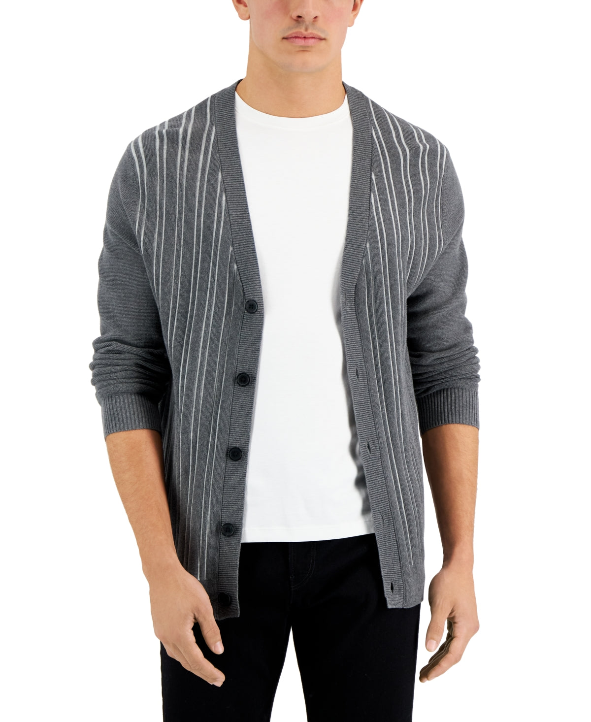 Alfani Men's Striped Cardigan  Casual Grey Heather  Xl