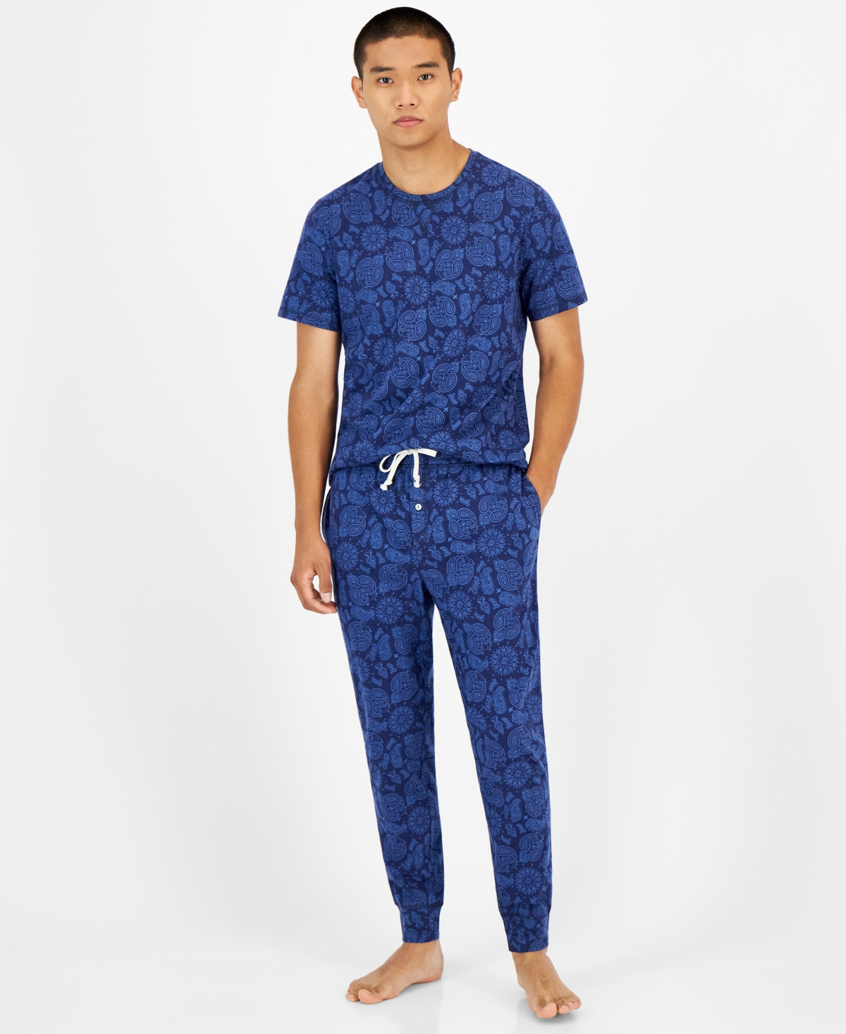 Sun + Stone Men's Bandana print Pajama Jogger Pants Navy Academy Large