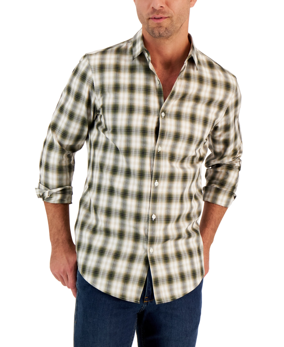 Alfani Mens Plaid Shirt Costa Green Long Sleeve Small
