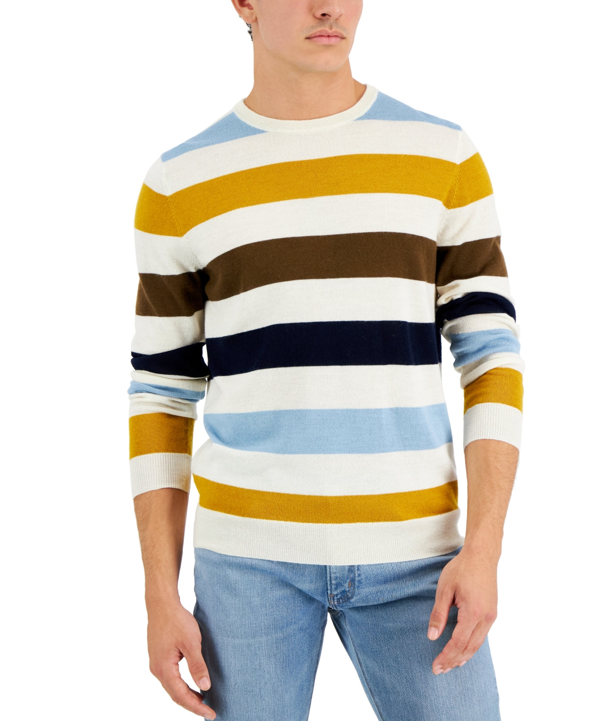 Club Room Mens Merino Stripe Sweater Beige Multi  Small