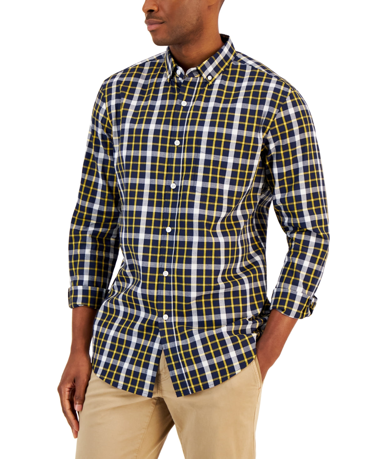 Club Room Men's Fergus Plaid Poplin Ls Shirt Navy Large