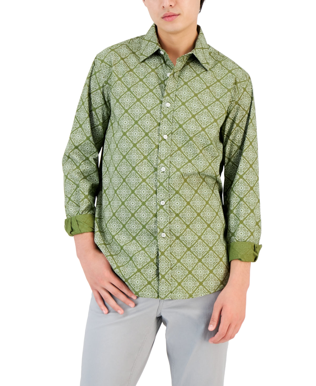 Club Room Men's Cotton Printed Button Down Shirt Green Large